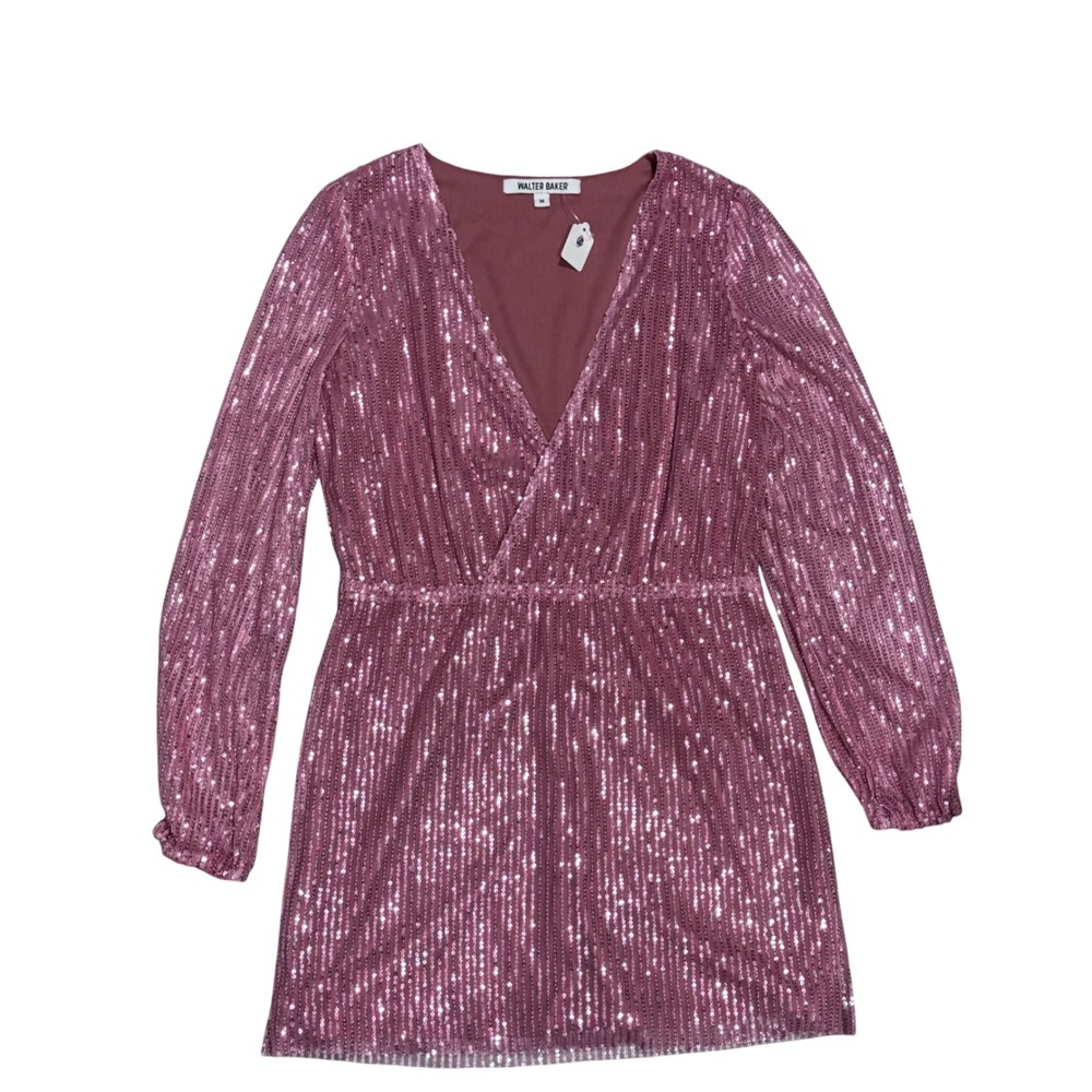 Walter Baker Sequin Mini Dress Womens Size M Pink Good Raw Edge V-Neck L/S Party